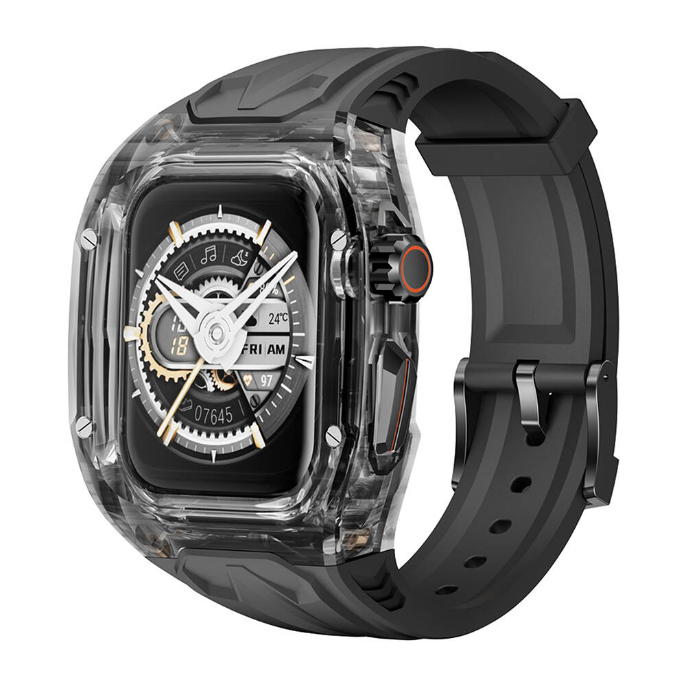 [RNZ-TA106488] Apple Watch 7 45mm Uyumlu Wiwu Wi-WB013 Rambo Serisi 2in1 Şeffaf PC Kasa Koruyuculu Kauçuk Kordon (Siyah)