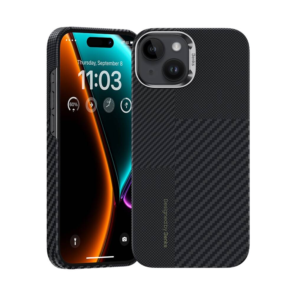 Apple iPhone 15 Uyumlu M-safe Şarj Özellikli Karbon Fiber Benks Montage ArmorAir Kevlar Kapak