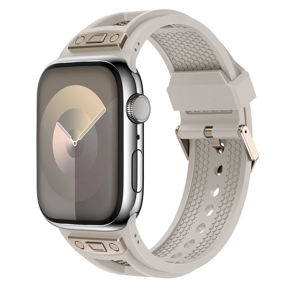 Apple Watch 44mm Uyumlu Kordon Zore KRD-117 Hava Alabilen Delikli Metal Süslemeli Desenli Silikon Kayış