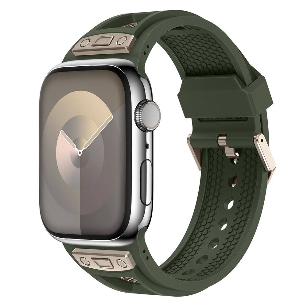 Apple Watch 7 45mm Uyumlu Kordon Zore KRD-117 Hava Alabilen Delikli Metal Süslemeli Desenli Silikon Kayış