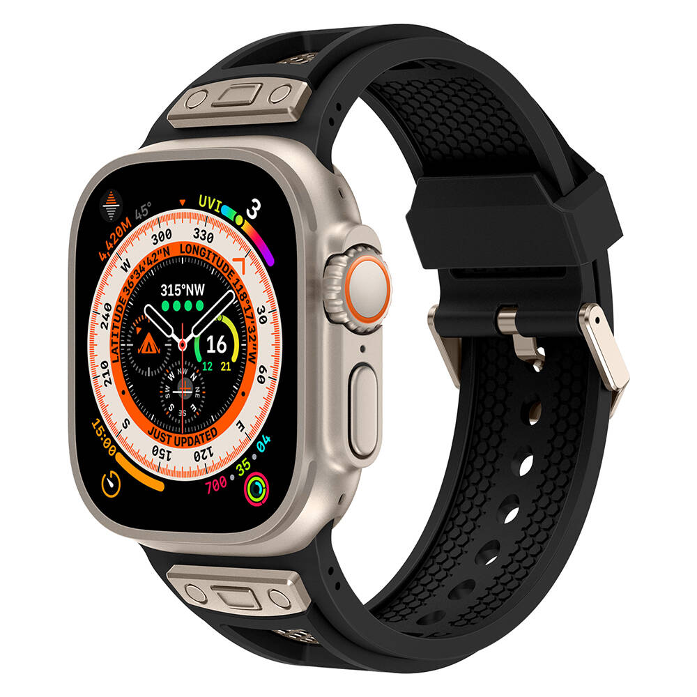 Apple Watch Ultra 49mm Uyumlu Kordon Zore KRD-117 Hava Alabilen Delikli Metal Süslemeli Desenli Silikon Kayış