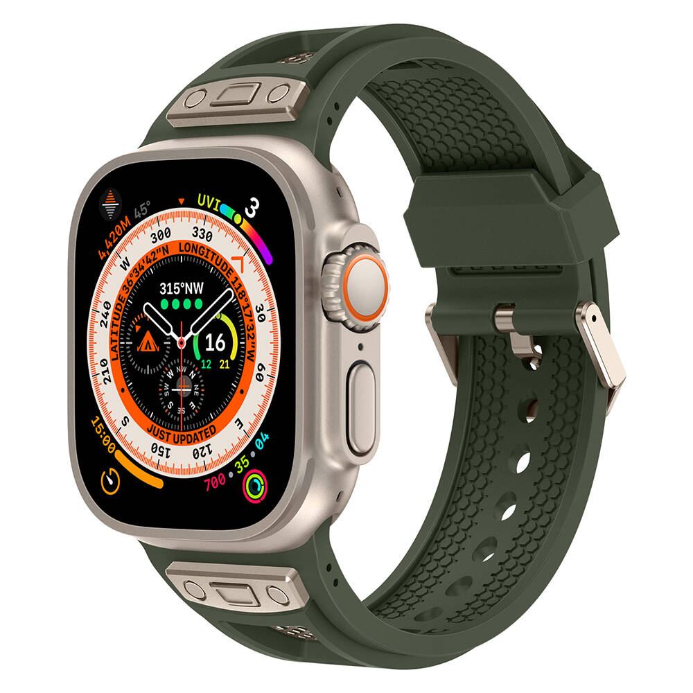 Apple Watch Ultra 49mm Uyumlu Kordon Zore KRD-117 Hava Alabilen Delikli Metal Süslemeli Desenli Silikon Kayış