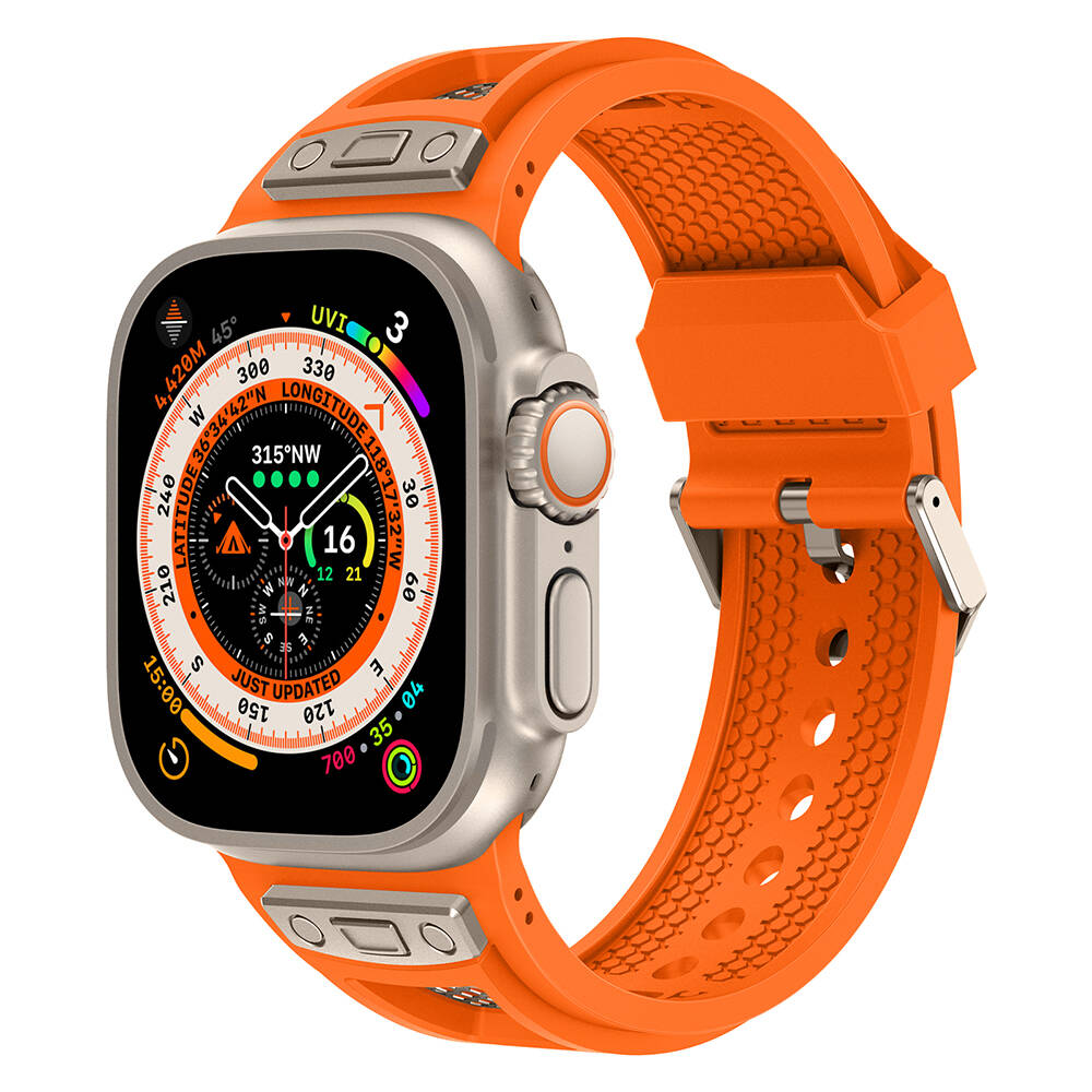 Apple Watch Ultra 49mm Uyumlu Kordon Zore KRD-117 Hava Alabilen Delikli Metal Süslemeli Desenli Silikon Kayış