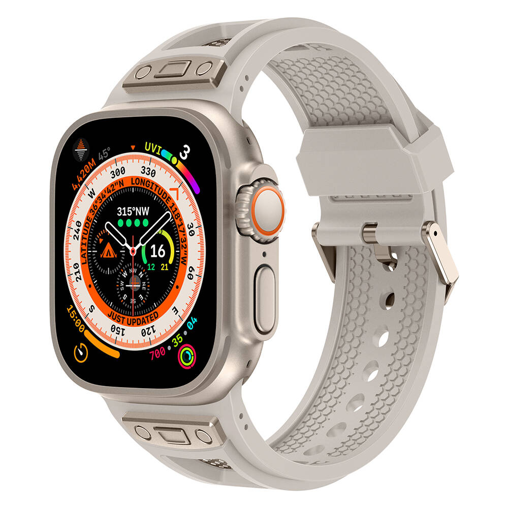Apple Watch Ultra 49mm Uyumlu Kordon Zore KRD-117 Hava Alabilen Delikli Metal Süslemeli Desenli Silikon Kayış