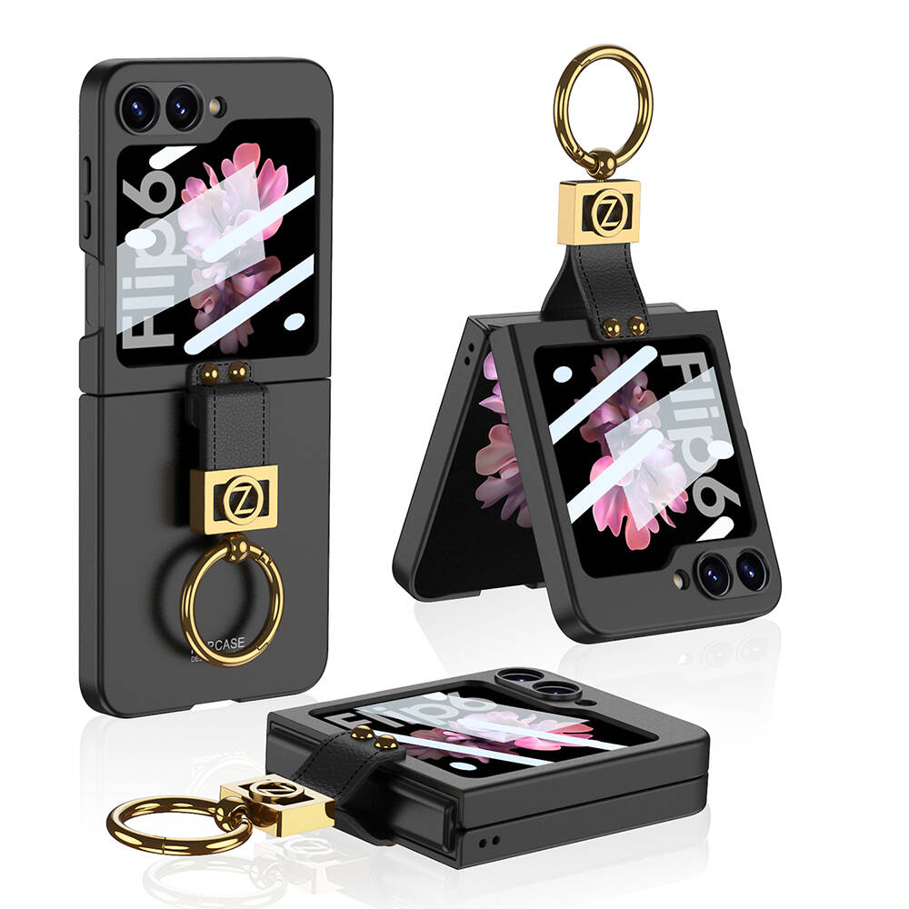 [RNZ-TA107527] Samsung Galaxy Z Flip 6 Uyumlu Kılıf Sert Silikon Z Harfli Yüzüklü Şık Tasarım Zore Kıpta Kapak (Siyah)