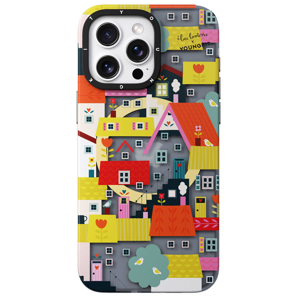 [RNZ-TA107464] Apple iPhone 14 Pro Max Uyumlu Kılıf M-safe Şarj Özellikli Bee Brown Tasarımlı Youngkit Colorful Life Serisi Kapak (Sarı)