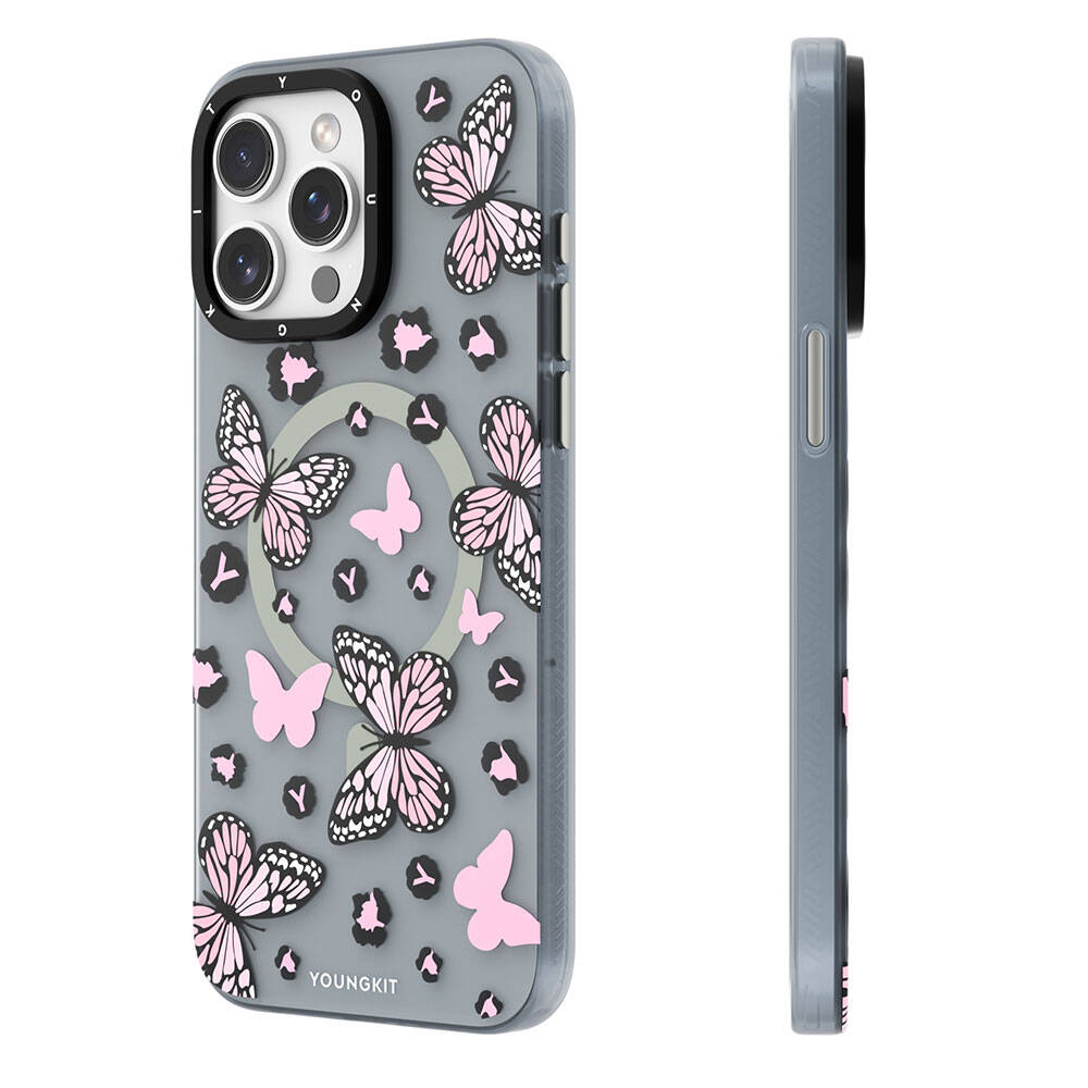 Apple iPhone 15 Pro Max Uyumlu Kılıf M-safe Şarj Özellikli Kelebek Desenli Youngkit Shadow Dance Serisi Kapak