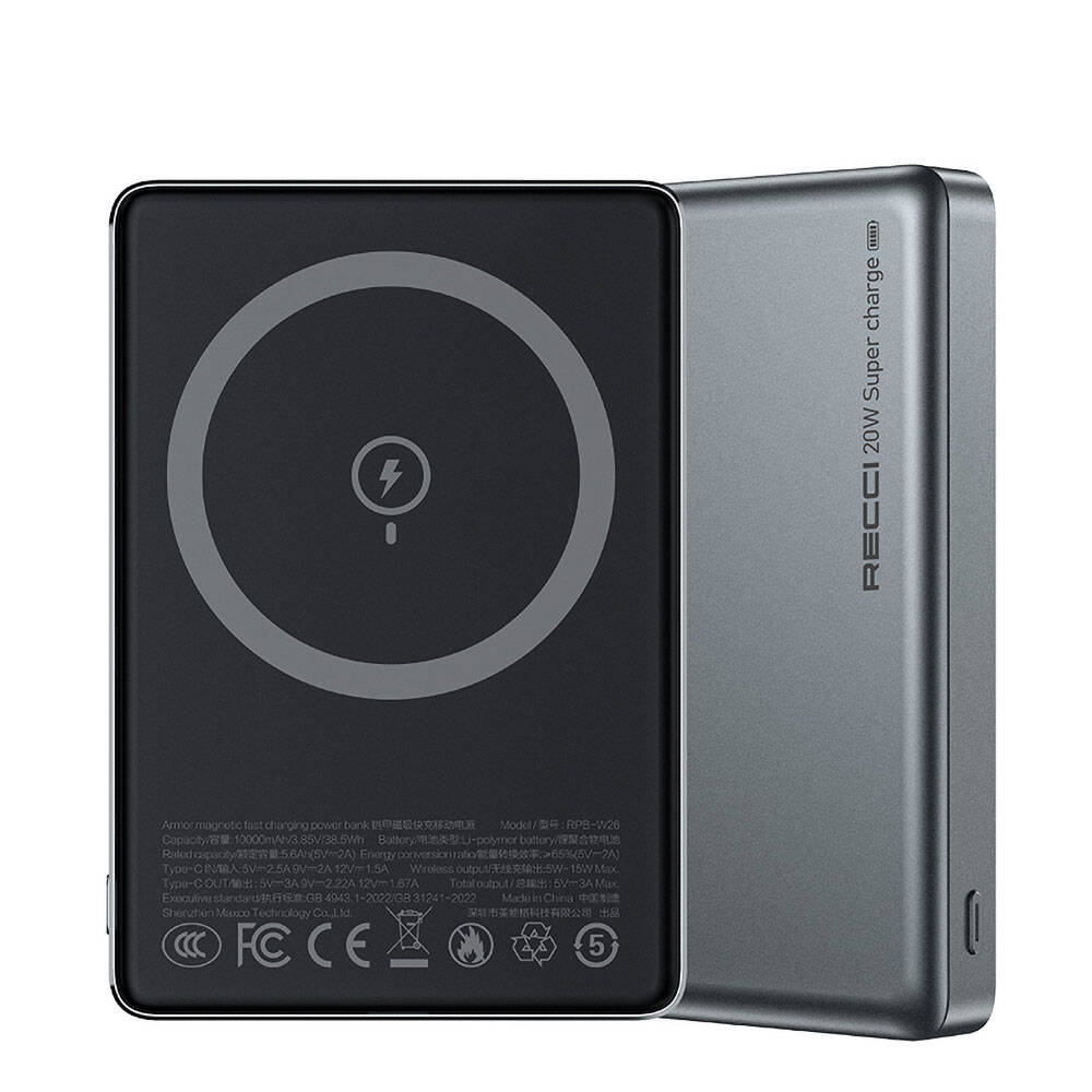 [ZTA107887] Recci RPB-W26 Armor Serisi Ultra İnce PD 20W Hızlı Şarj Özellikli Wireless Powerbank 15W 10000mAh (Gri)
