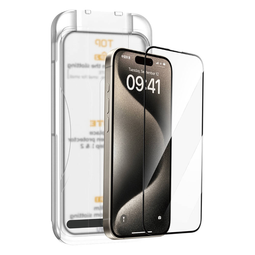 [RNZ-TA107027] Apple iPhone 15 Pro Max Uyumlu Wiwu SQ-008 Oleofobik Easy Install Darbeye Karşı Dayanıklı Temperli Cam Ekran Koruyucu + Kolay Uygulama Aparatlı