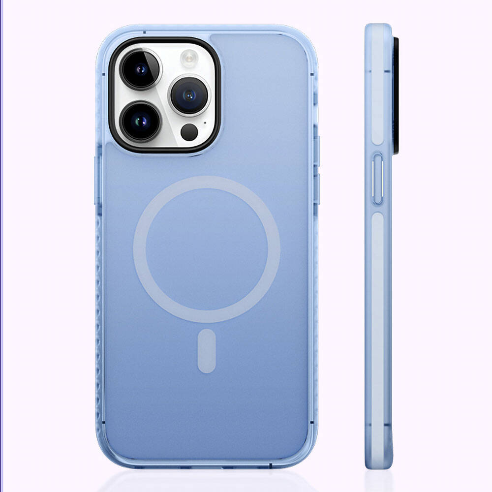 [RNZ-TA107004] Apple iPhone 14 Pro Max Uyumlu Kılıf M-safe Şarj Özellikli Mat Arka Yüzey Benks Drop Resistance Kapak (Mavi)