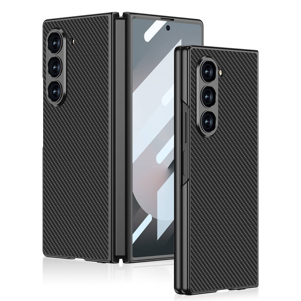 [RNZ-TA107842] Samsung Galaxy Z Fold 6 Uyumlu Kılıf Karbon Fiber Tasarımlı Titanyum Metal Zore Kıpta Caz Kapak