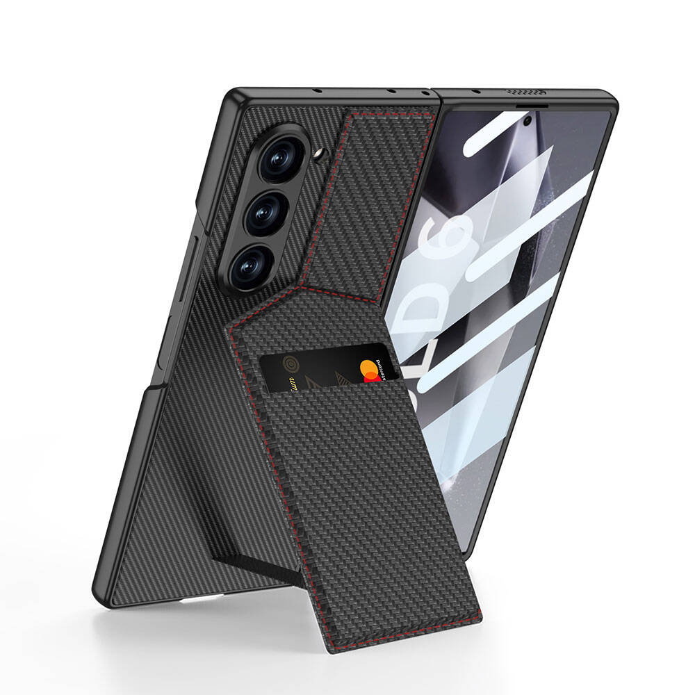 [RNZ-TA107788] Samsung Galaxy Z Fold 6 Uyumlu Kılıf Karbon Fiber Kartlıklı Zore Kıpta Dik Açılan Kartlıklı Kapak