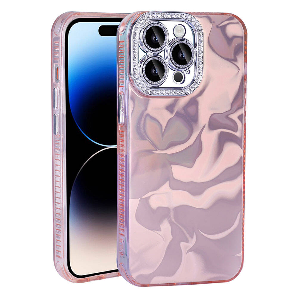 [RNZ-TA107767] Apple iPhone 14 Pro Max Uyumlu Kılıf Airbagli Parlak Taş Detay Tasarımlı Zore Esila Kapak (Pembe)