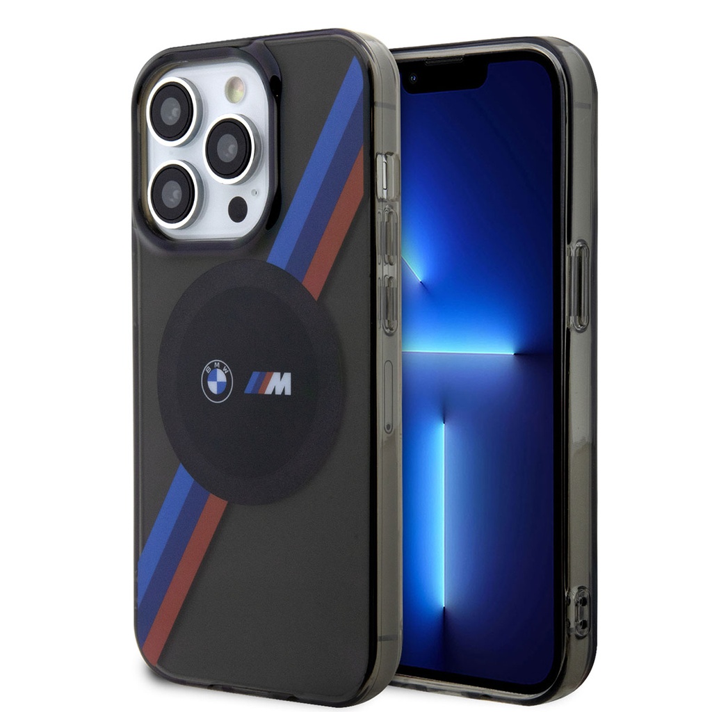 Apple iPhone 14 Pro Max Uyumlu Kılıf BMW M-safe Şarj Özellikli Transparan 3 Renkli Şerit Dizayn Kapak