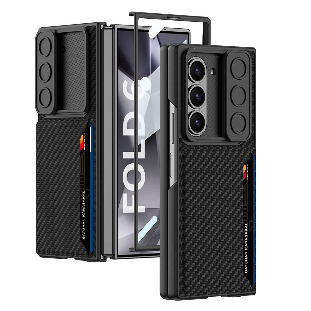 [RNZ-TA107892] Samsung Galaxy Z Fold 6 Uyumlu Kılıf Kamera Korumalı Karbon Fiber Arka Yüzey Zore Kartlıklı Kıpta Sert Kapak