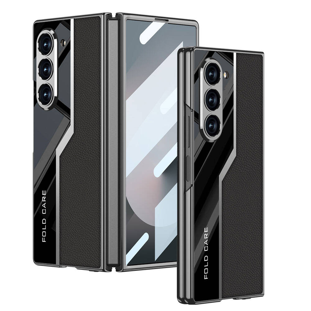 [RNZ-TA107893] Samsung Galaxy Z Fold 6 Uyumlu Kılıf Ultra İnce Kamera Korumalı PC + Deri Arka Yüzey Zore Kıpta Poligan Kapak (Siyah)