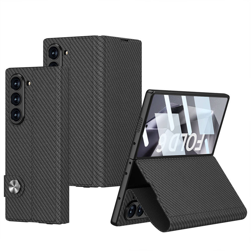 [RNZ-TA107895] Samsung Galaxy Z Fold 6 Uyumlu Kılıf Karbon Fiber Tasarımlı Magnetik Tokalı Kartlıklı Zore Kıpta Zegna Kapak