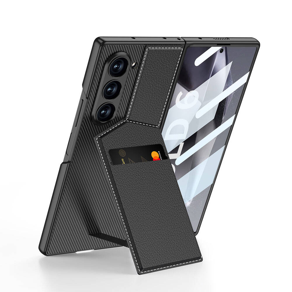 [RNZ-TA107786] Samsung Galaxy Z Fold 6 Uyumlu Kılıf Karbon Fiber Deri Kartlıklı Zore Kıpta Dik Açılan Kartlıklı Kapak