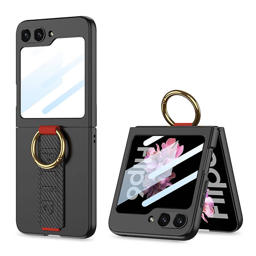 [RNZ-TA107986] Samsung Galaxy Z Flip 6 Uyumlu Kılıf Kamera Korumalı Yüzüklü Karbon Tasarımlı Zore Flip Ring Kıpta Kapak (Siyah)