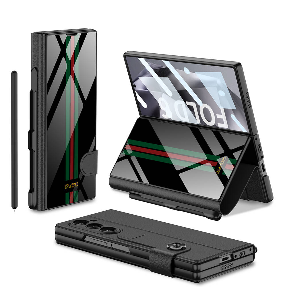 ​Samsung Galaxy Z Fold 6 Uyumlu Kılıf Kamera Korumalı Kartlıklı Kalem Bölmeli Zore Kıpta Çizgili Droga Kılıf
