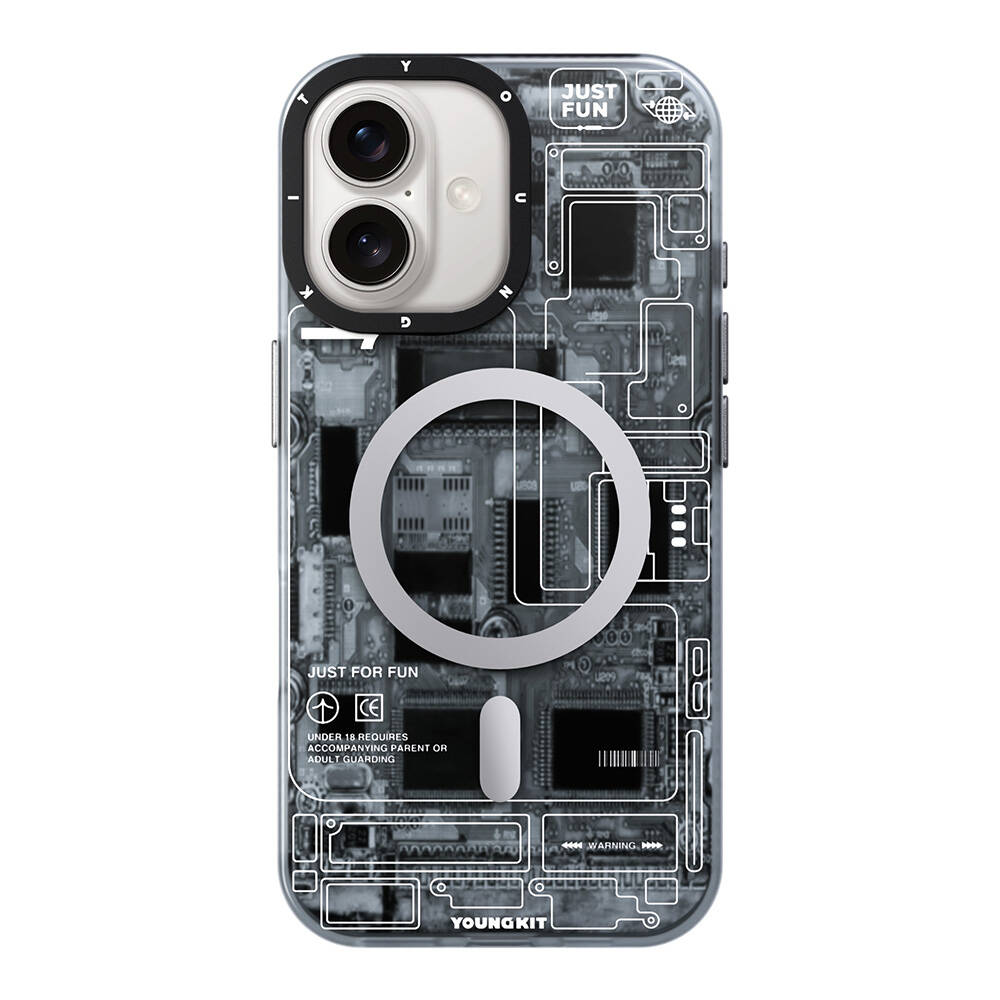 [RNZ-TA109034] Apple iPhone 16 Uyumlu Kılıf M-safe Şarj Özellikli Youngkit Technology Serisi Kapak (Gri)