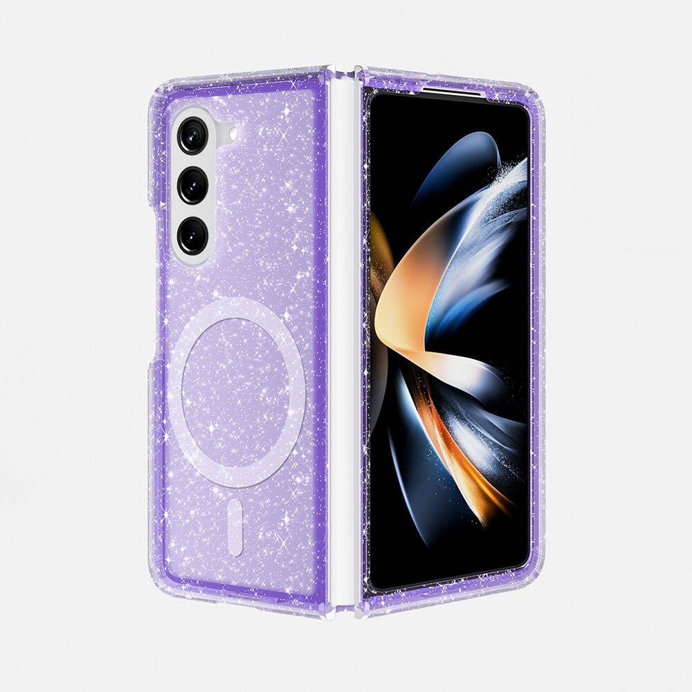 [RNZ-TA109087] Samsung Galaxy Z Fold 6 Uyumlu Kılıf M-safe Şarj Özellikli Parlayan Simli Saydam Renkli Zore Allstar Kapak (Mor)