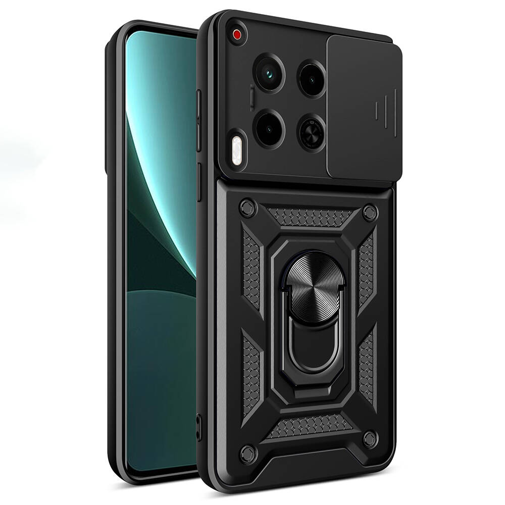 [RNZ-TA109088] Tecno Camon 30 Uyumlu Kılıf Magnetik Standlı Kamera Korumalı Zore Sürgülü Vega Kapak (Siyah)