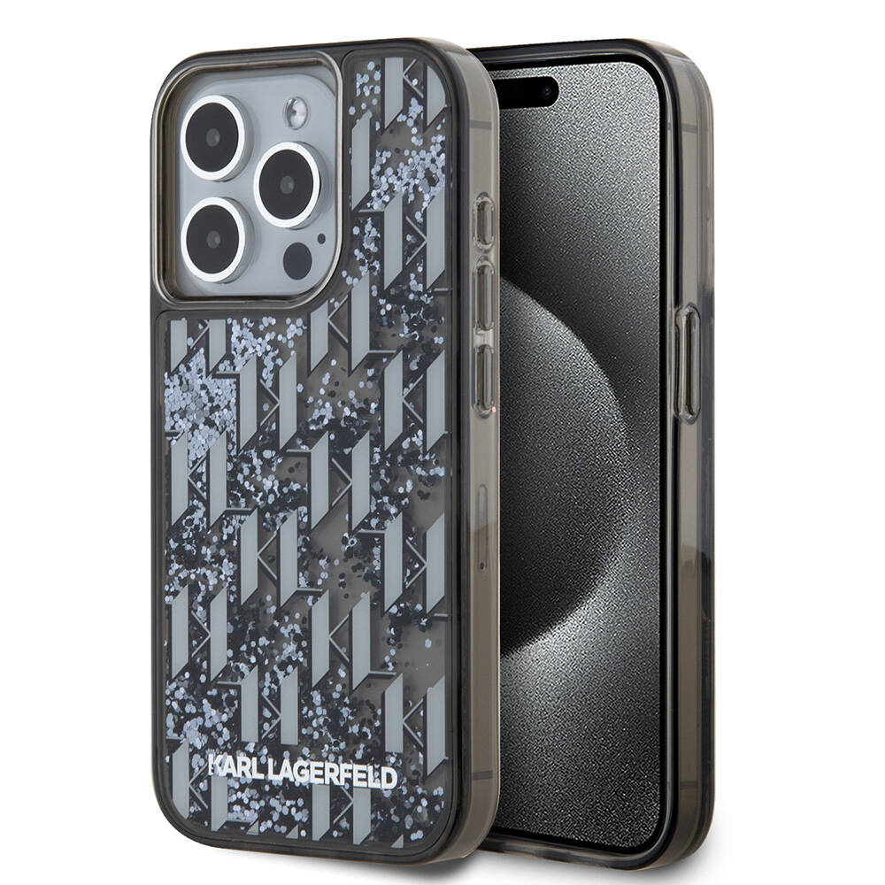[ZTA109297] Apple iPhone 15 Pro Uyumlu Kılıf Karl Lagerfeld Orjinal Lisanslı Simli KL Yazılı Monogram Gradıent Kapak