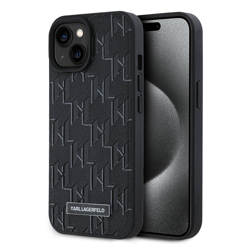 [ZTA109301] Apple iPhone 15 Uyumlu Kılıf Karl Lagerfeld Orjinal Lisanslı M-safe Şarj Özellikli KL Yazılı Hot Stamp Kapak (Siyah)