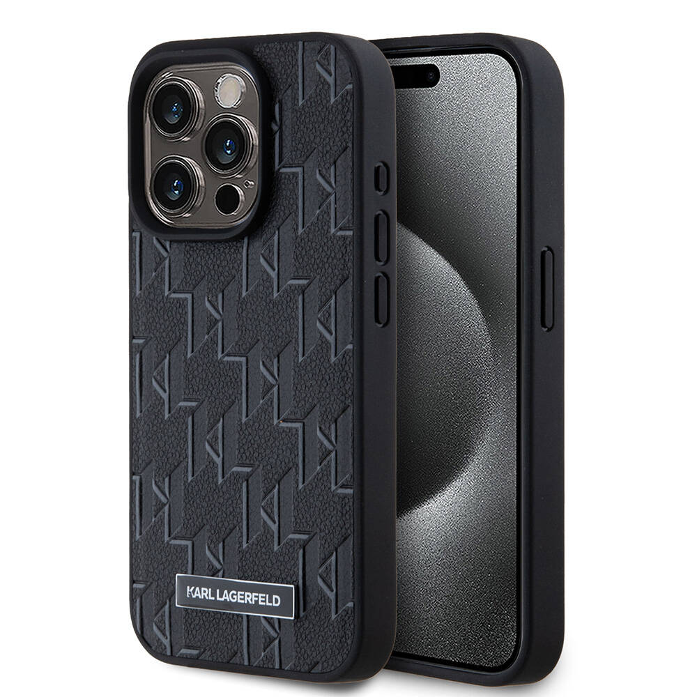 [ZTA109302] Apple iPhone 15 Pro Uyumlu Kılıf Karl Lagerfeld Orjinal Lisanslı M-safe Şarj Özellikli KL Yazılı Hot Stamp Kapak (Siyah)