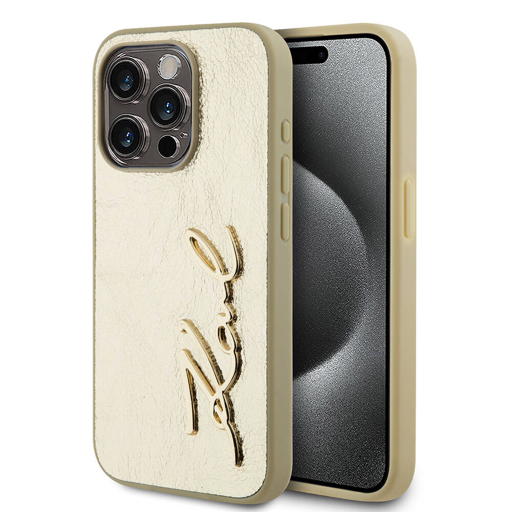 Apple iPhone 15 Pro Uyumlu Kılıf Karl Lagerfeld Orjinal Lisanslı 3D KL Yazılı Tüylü Arka Yüzey Saffiano Rhinestones Kapak