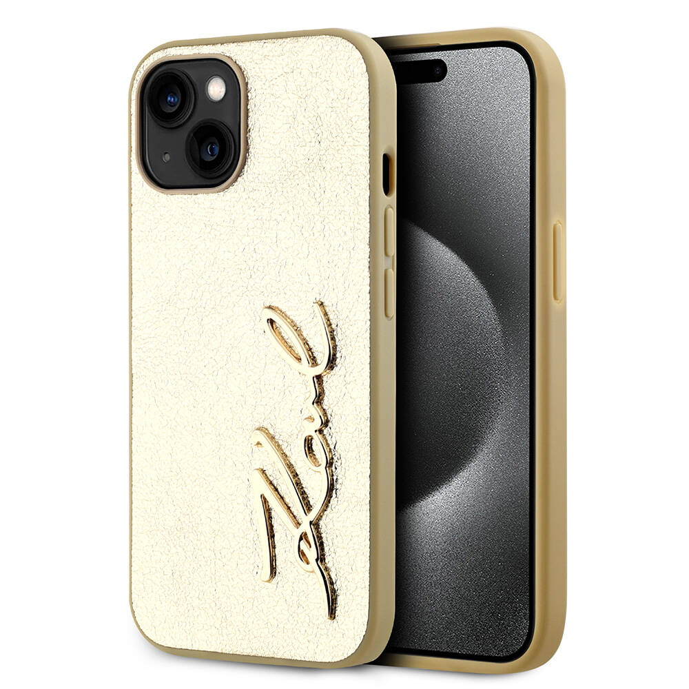 Apple iPhone 15 Uyumlu Kılıf Karl Lagerfeld Orjinal Lisanslı 3D KL Yazılı Tüylü Arka Yüzey Saffiano Rhinestones Kapak