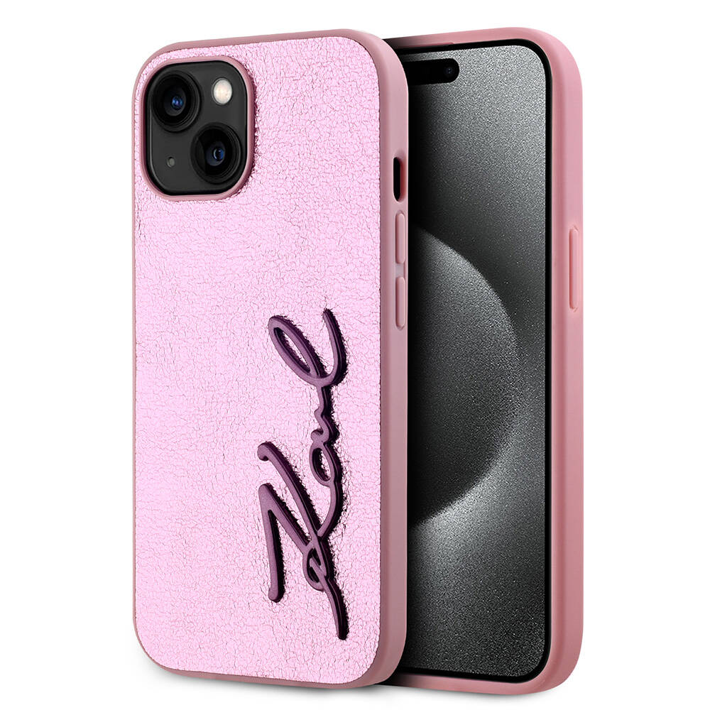 Apple iPhone 15 Uyumlu Kılıf Karl Lagerfeld Orjinal Lisanslı 3D KL Yazılı Tüylü Arka Yüzey Saffiano Rhinestones Kapak