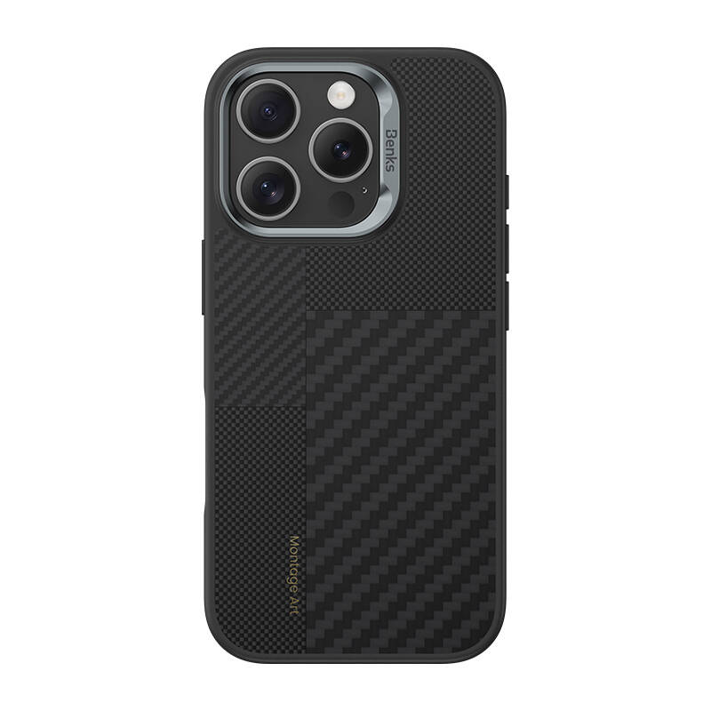 [RNZ-TA109221] Apple iPhone 16 Pro Uyumlu Kılıf M-safe Şarj Özellikli Karbon Fiber Benks Montage Hybrid ArmorPro Kevlar Kapak