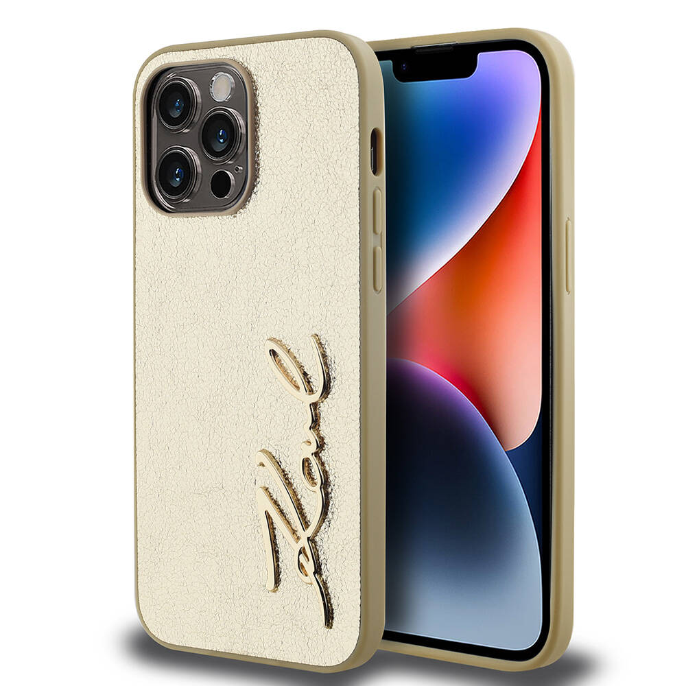 Apple iPhone 14 Pro Max Uyumlu Kılıf Karl Lagerfeld Orjinal Lisanslı 3D KL Yazılı Tüylü Arka Yüzey Saffiano Rhinestones Kapak