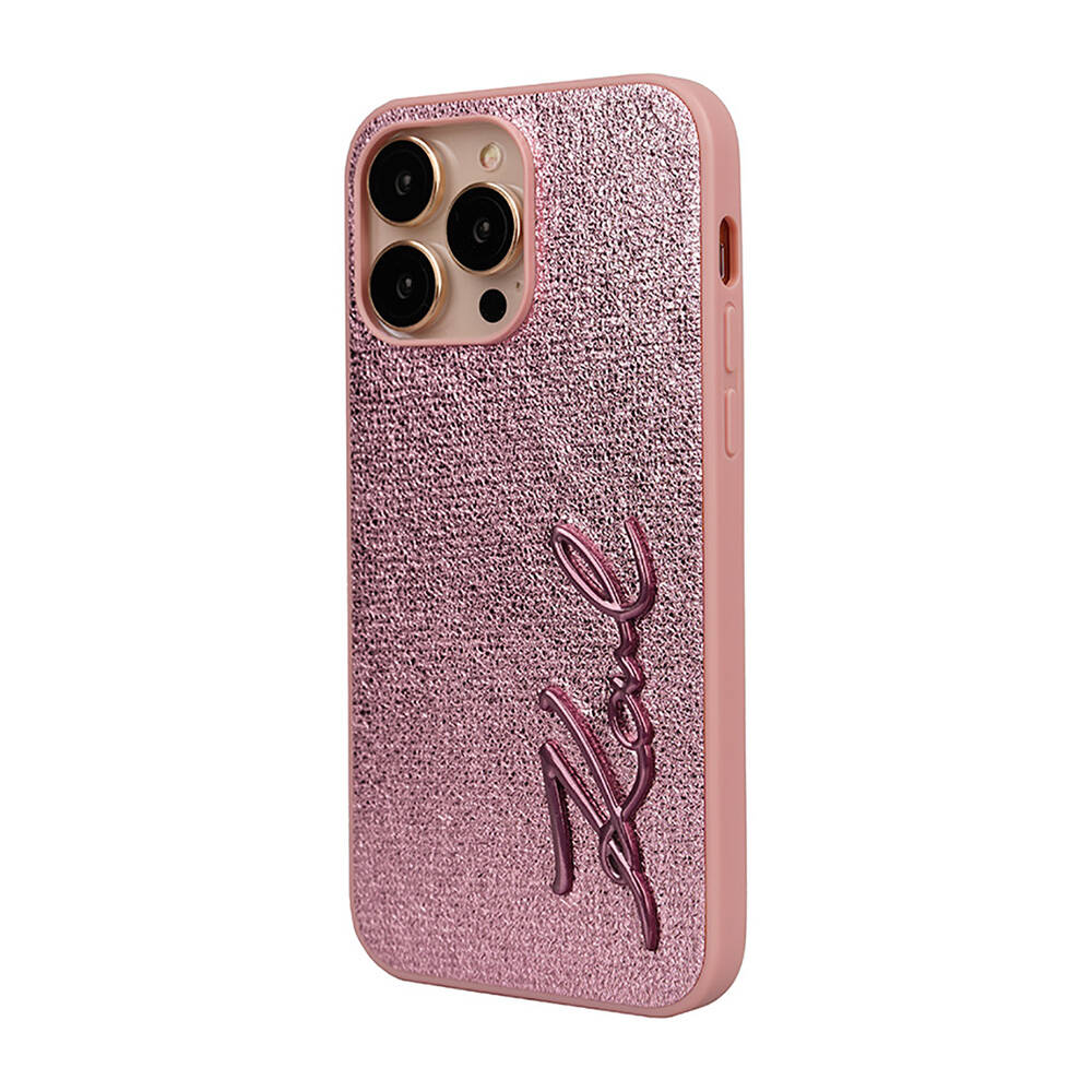 Apple iPhone 14 Pro Max Uyumlu Kılıf Karl Lagerfeld Orjinal Lisanslı 3D KL Yazılı Tüylü Arka Yüzey Saffiano Rhinestones Kapak
