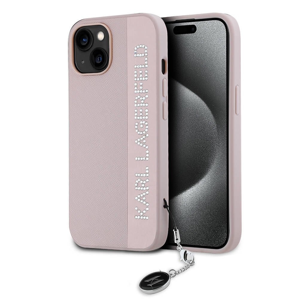 Apple iPhone 14 Uyumlu Kılıf Karl Lagerfeld Orjinal Lisanslı Anahtarlıklı Taşlı KL Yazılı Saffiano Rhinestones Kapak