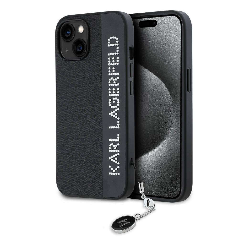 Apple iPhone 14 Uyumlu Kılıf Karl Lagerfeld Orjinal Lisanslı Anahtarlıklı Taşlı KL Yazılı Saffiano Rhinestones Kapak