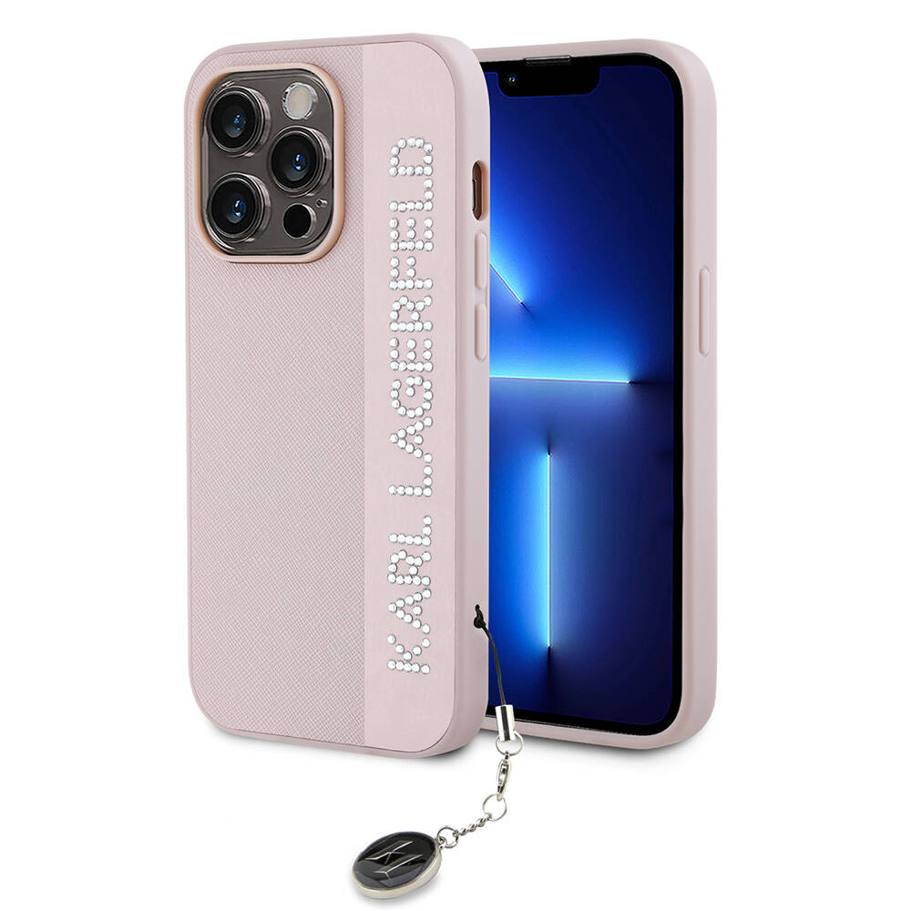 Apple iPhone 14 Pro Max Uyumlu Kılıf Karl Lagerfeld Orjinal Lisanslı Anahtarlıklı Taşlı KL Yazılı Saffiano Rhinestones Kapak