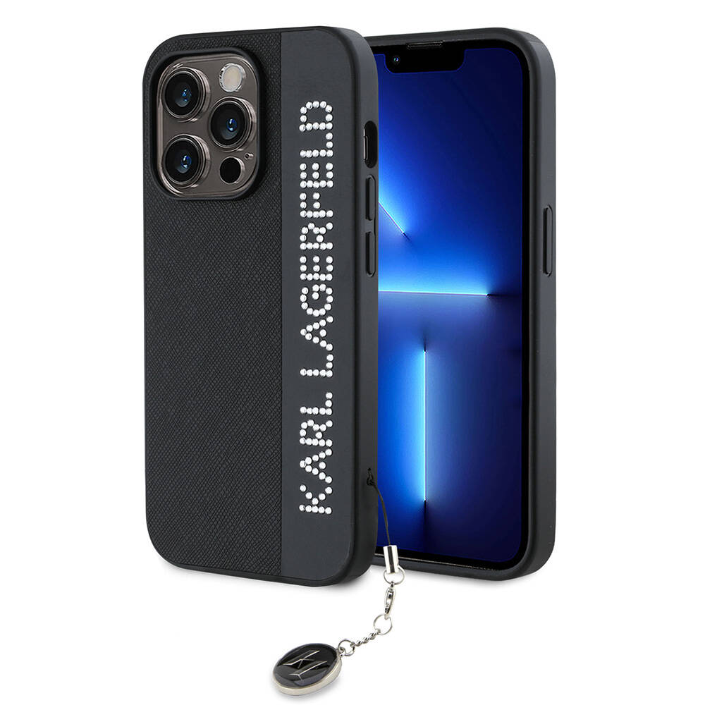 Apple iPhone 14 Pro Max Uyumlu Kılıf Karl Lagerfeld Orjinal Lisanslı Anahtarlıklı Taşlı KL Yazılı Saffiano Rhinestones Kapak
