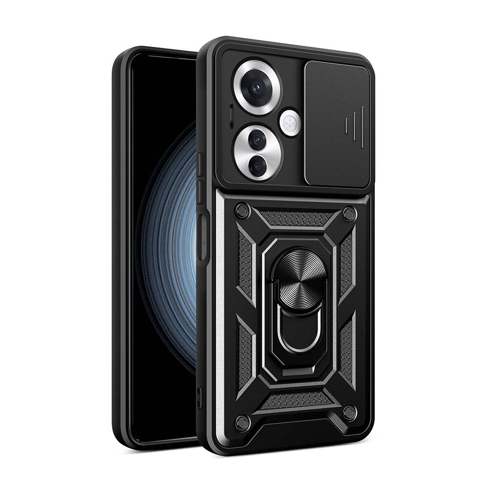 [RNZ-TA108650] Oppo Reno 11F 5G Uyumlu Kılıf Magnetik Standlı Kamera Korumalı Zore Sürgülü Vega Kapak (Siyah)