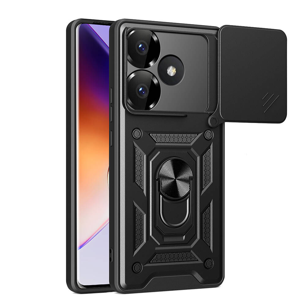 [RNZ-TA108644] Xiaomi Poco F6 Uyumlu Kılıf Magnetik Standlı Kamera Korumalı Zore Sürgülü Vega Kapak (Siyah)