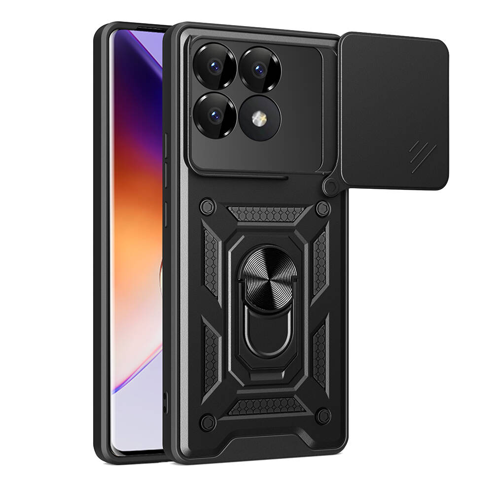 [RNZ-TA108646] Xiaomi Poco F6 Pro Uyumlu Kılıf Magnetik Standlı Kamera Korumalı Zore Sürgülü Vega Kapak (Siyah)