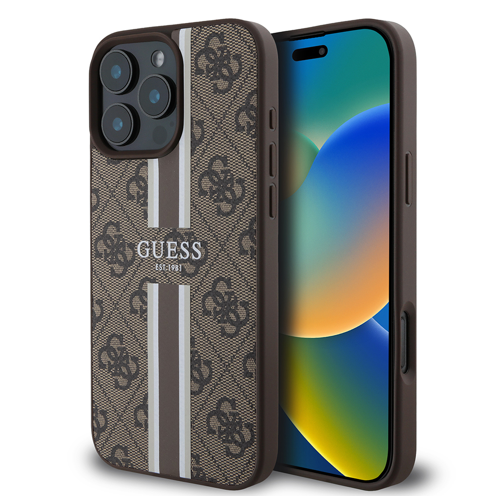 Apple iPhone 16 Pro Uyumlu Kılıf Guess Orjinal Lisanslı M-safe Şarj Özellikli 4G Şerit Tasarımlı Printed Kapak