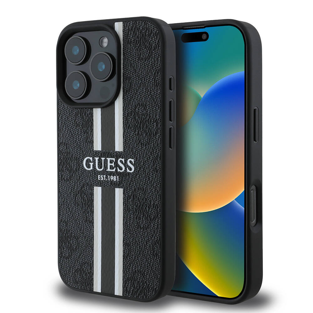 Apple iPhone 16 Pro Max Uyumlu Kılıf Guess Orjinal Lisanslı M-safe Şarj Özellikli 4G Şerit Tasarımlı Printed Kapak