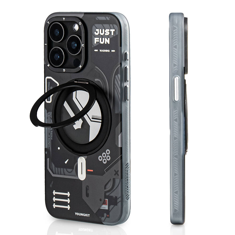 [RNZ-TA109658] Apple iPhone 15 Pro Uyumlu Kılıf M-safe Şarj Özellikli Youngkit 360° Standlı Starship Serisi Kapak (Siyah)