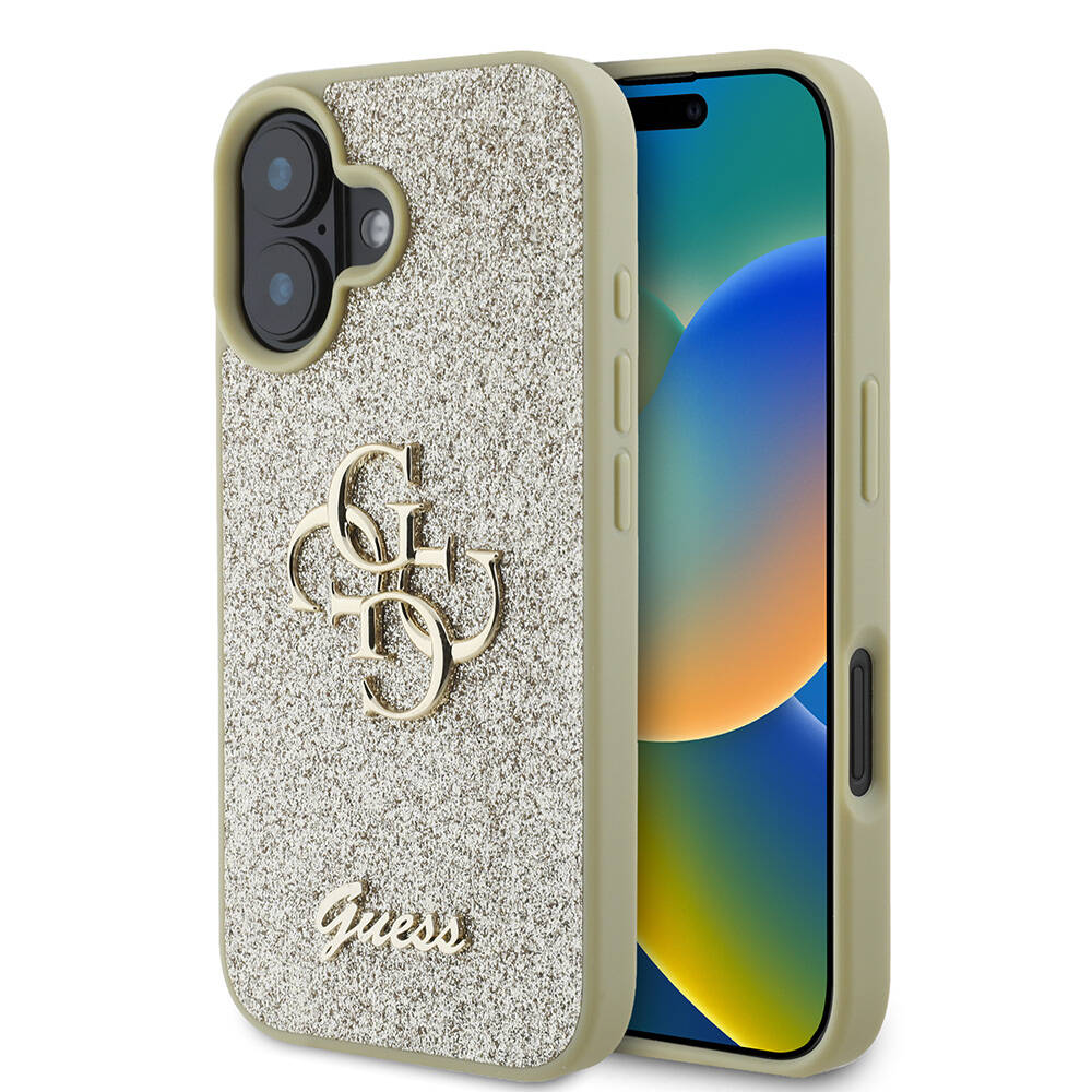 Apple iPhone 16 Plus Uyumlu Kılıf Guess Orjinal Lisanslı 4G Büyük Metal Logolu Glitter Kapak