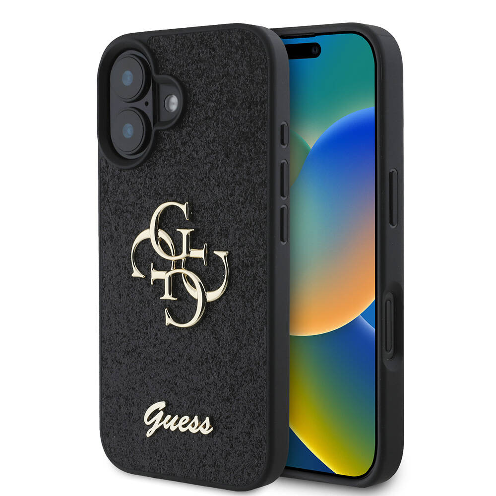 Apple iPhone 16 Plus Uyumlu Kılıf Guess Orjinal Lisanslı 4G Büyük Metal Logolu Glitter Kapak