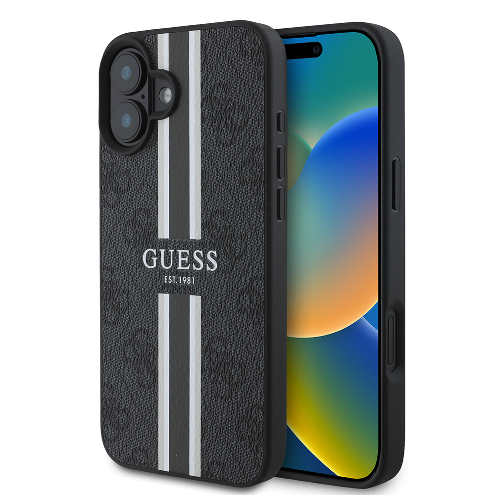 Apple iPhone 16 Uyumlu Kılıf Guess Orjinal Lisanslı M-safe Şarj Özellikli 4G Şerit Tasarımlı Printed Kapak