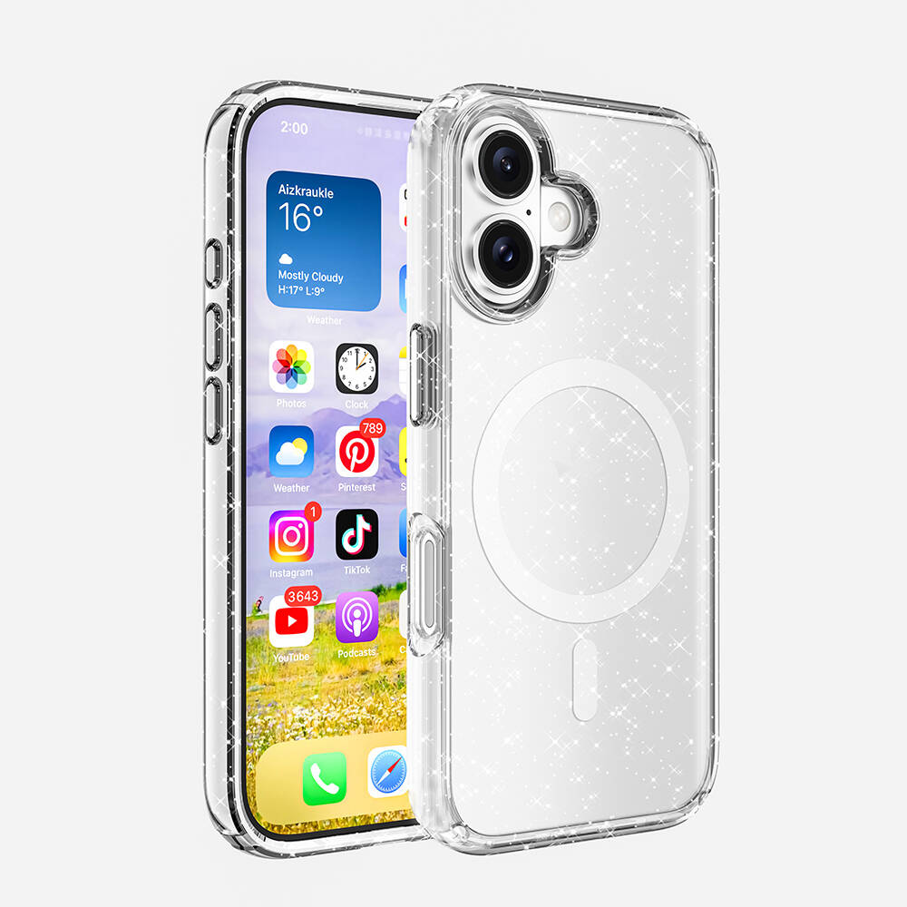 Apple iPhone 16 Uyumlu Kılıf M-safe Şarj Özellikli Parlayan Simli Saydam Renkli Zore Allstar Kapak